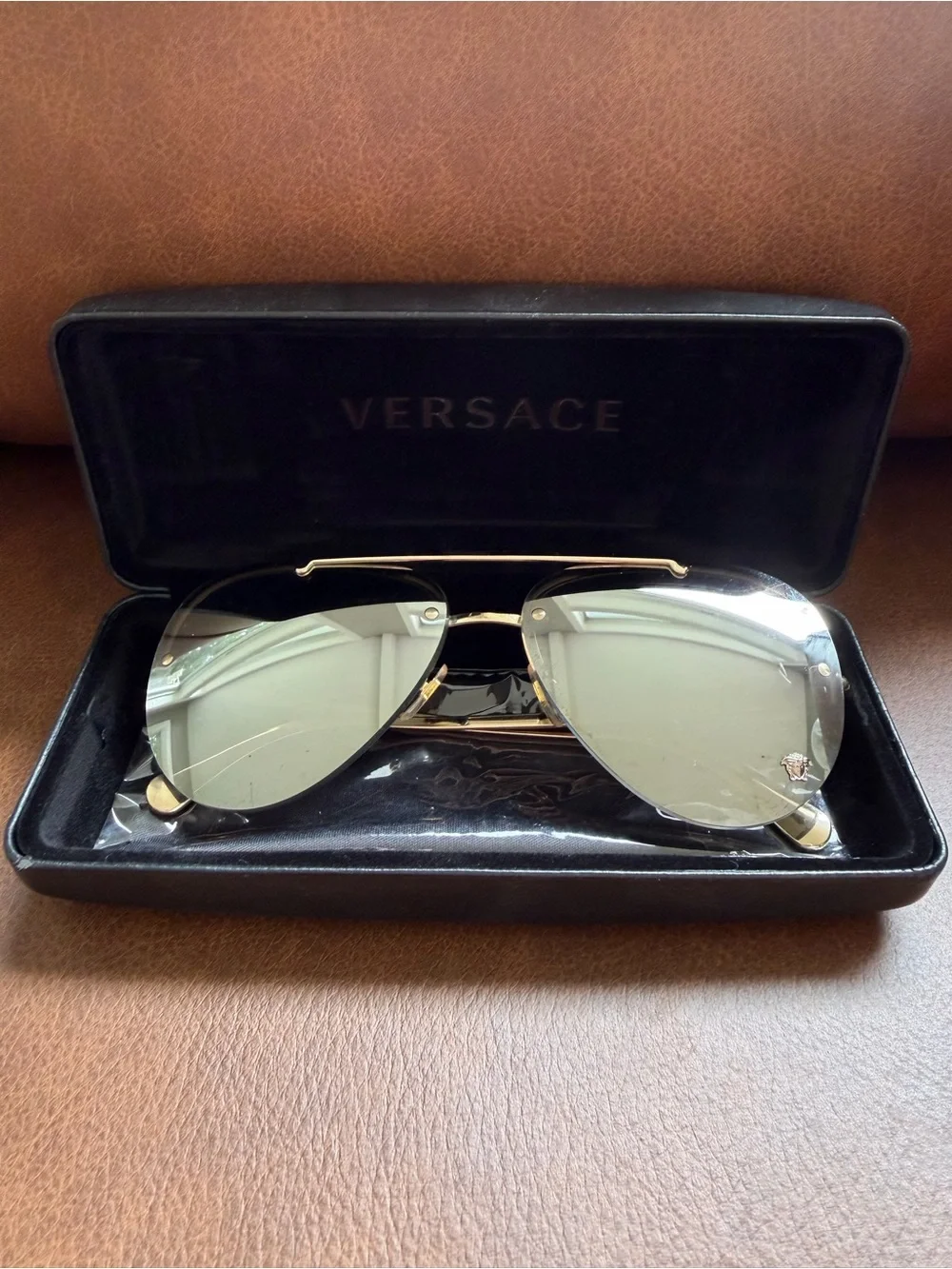 Versace VE2231 Black and Gold Medusa Rimless Aviator Sunglasses with Case